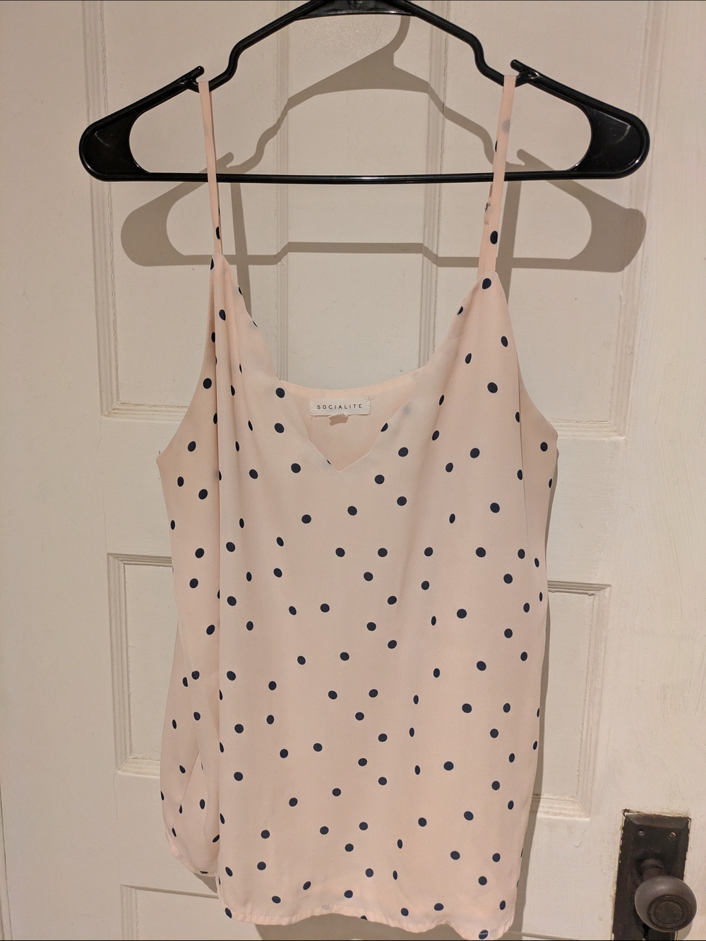 Socialite Blush Pink Polka Dot Spaghetti Strap Cami With Scalloped Neckline
